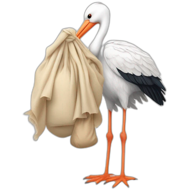  white stork carrying a bundle of cloth in its beak that has a baby human with light skin and dark hair and the baby face is peeking out from the cloths bundle the strok is carrying emoji
