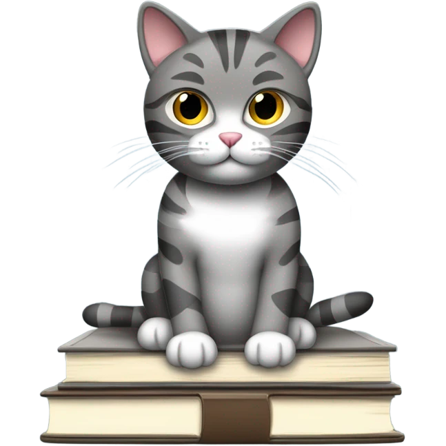 A minimalistic emoji-tstyle illustration of a dark grey tabby cat with white paws and chest, sitting on a stack of books and papers. The cat looks to the side with perked ears, and its tail extends slightly off the surface. The background is simple and neutral, with a hint of a window or curtain for context. emoji
