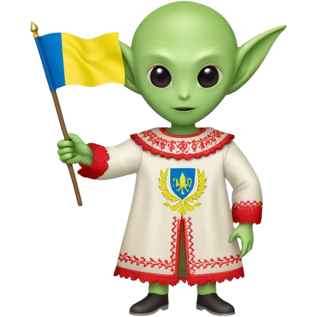 Green alien in Shirt 👚 vyshyvanka, white with red embodiary on sleeved, with 🇺🇦 Ukraine flag in a hand emoji