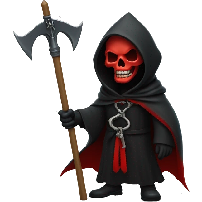 grim reaper wearing a black robe with a red inside. wearing a thorn crown. holding a bloody scythe in his left hand. holding a all black trident in his right hand. emoji
