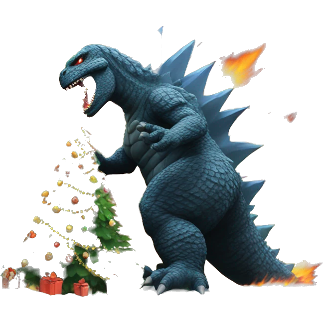 Godzilla destroying a Christmas tree with fire breath emoji