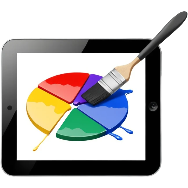A simple graphic for digital art. A tablet dissolving into pixels with a paint brush or a pallet overlaid. No gradients. Just black on white. emoji