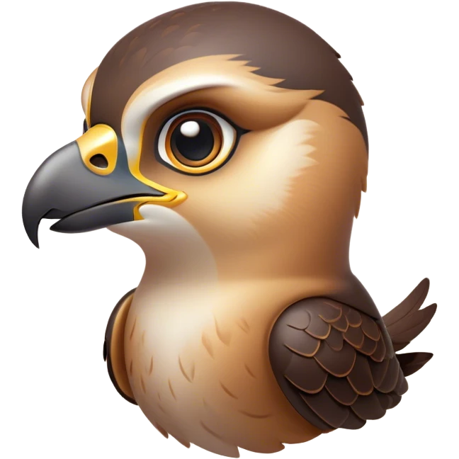 Cinematic Cute Falcon Portrait Emoji, Head tilted playfully and inquisitively, featuring a sleek, agile form with a delicately curved beak and round, sparkling eyes full of spirited charm, Simplified yet irresistibly adorable features, highly detailed, glowing with a warm, inviting glow, high shine, affectionate and lively, stylized with a touch of whimsical aerial grace, soft glowing outline, capturing the essence of a mischievous yet endearing falcon that seems as if it could dart out of the screen into your heart! emoji