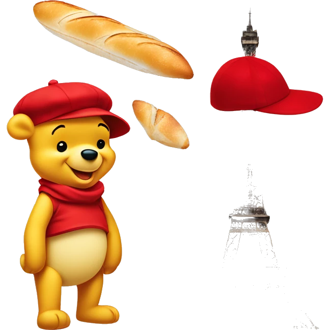 parisien style white winnie the pooh, with red beret on head and baguette in arms, and with eiffel tower in background emoji