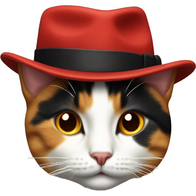 a calico cat wearing a red fedora hat with a black band in the style of the windows 10 emoji head only no body emoji