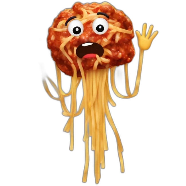 Spaghetti and meatballs with a face, arms and legs, doing something random emoji