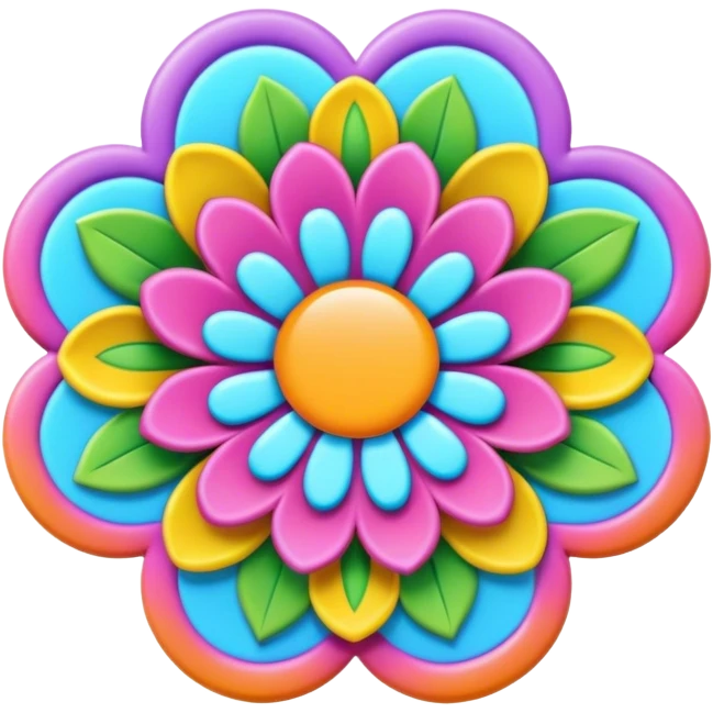 3D, psychedelic colored label with hippie style flower border emoji