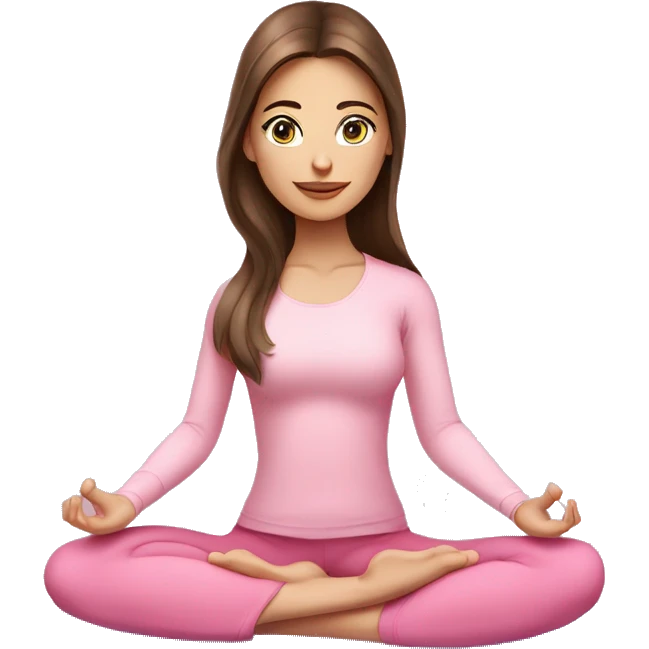 Brunette long hair and blue eyes yoga beautiful girl in light pink pink pink clothes sitting on a yoga mat emoji
