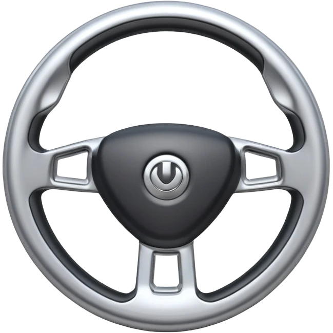 A futuristic steering wheel emoji made of silver chrome, minimal geometric design, smooth metallic surface, soft reflections, iOS emoji style, centered, clean white background emoji