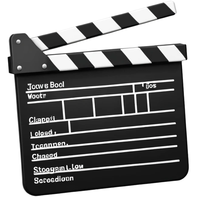 Classic movie clapperboard with traditional black and white striped top part and black base, iOS emoji style emoji