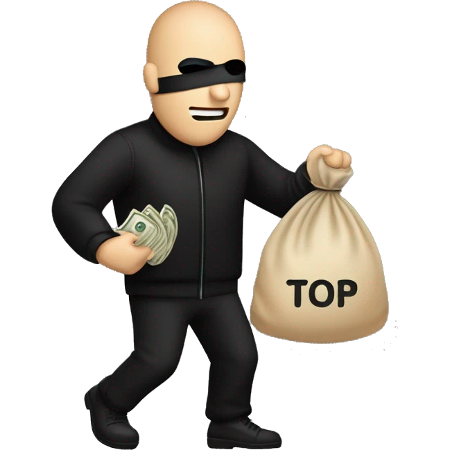 Thief wearing all black clothes actively stealing a beige money bag with the words Top Tier embroidered on it emoji