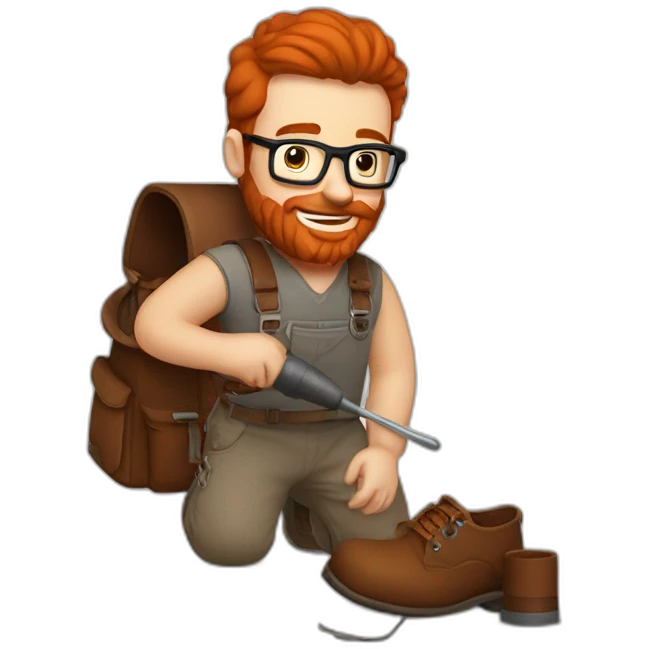 Red smooth haired man with beard and glasses hand sewing a saddle bag with a hammer emoji