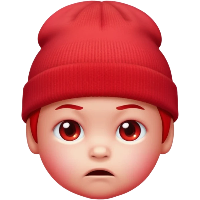 a baby red upset face emoji with a glowing pastel red gradient behind it, red beanie hat on emoji