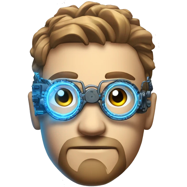 Male cyborg head with light brown hair, light brown beard, blue glowing steampunk glasses, circuits, wires  emoji