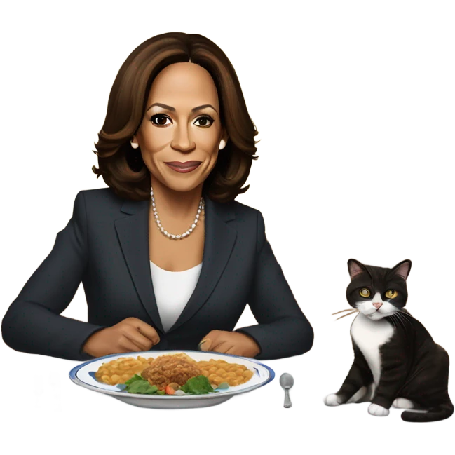Kamala Harris sitting a a table. There is a plate on the table with a sleeping cat. Kamala has silverware in her hand and her mouth is watering emoji