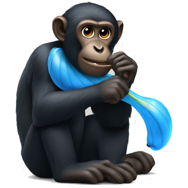 Black monkey eating blue banana emoji
