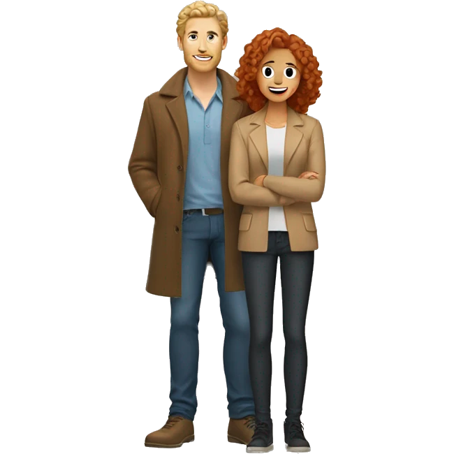 blonde man with curly hair on one knee in front of a woman with red hair in a tan coat emoji