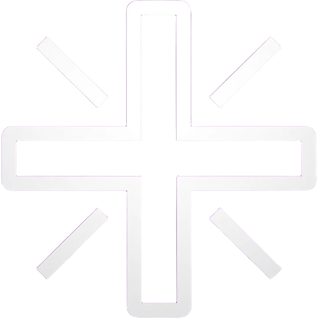 White outline   Scientology Cross, which is a sunburst cross with four main arms and four smaller diagonal rays. purple square background emoji