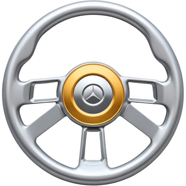 A futuristic steering wheel emoji made of silver chrome, minimal geometric design, smooth metallic surface, soft reflections, iOS emoji style, centered, clean white background emoji
