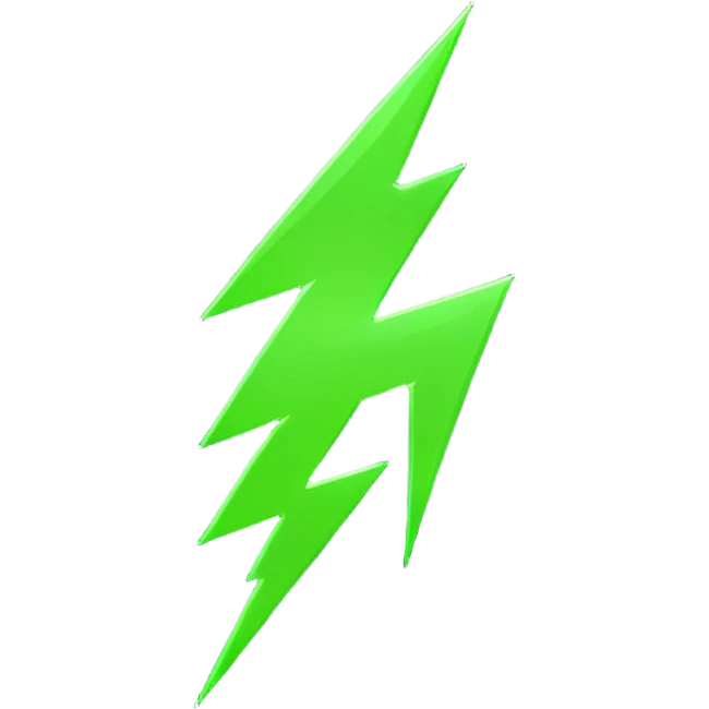 A single neon green lightning bolt emoji, glossy and smooth, vibrant neon green color, high detail, simple and cute design emoji