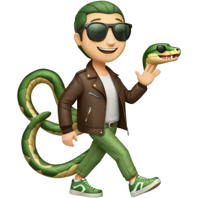 friendly anthropomorphised snake in sunglasses, jacket and sneakers, walking with a smile emoji