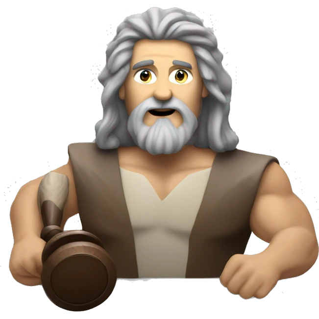  Caveman with long gray hair and a gray goatee holding a gavel and running a meeting  emoji