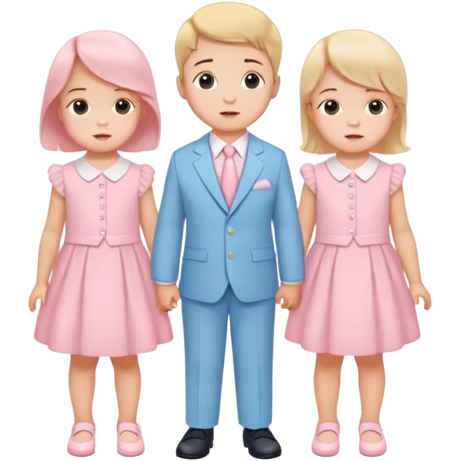 triplet toddlers with two girls in pastel pink clothes on each side and a boy in pastel blue suit in the middle emoji