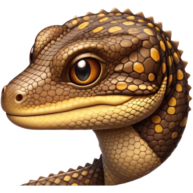 Cinematic Cute brown camo spotted monitor Lizard Portrait Emoji, Head tilted playfully and inquisitively, with a sleek, patterned body accented by vibrant hues and round, sparkling eyes full of wonder, Simplified yet irresistibly adorable features, highly detailed, glowing with a warm, friendly glow, high shine, affectionate and lively, stylized with a touch of exotic charm, bright and endearing, soft glowing outline, capturing the essence of a mischievous yet captivating lizard that seems as if it could scuttle out of the screen into your arms! emoji