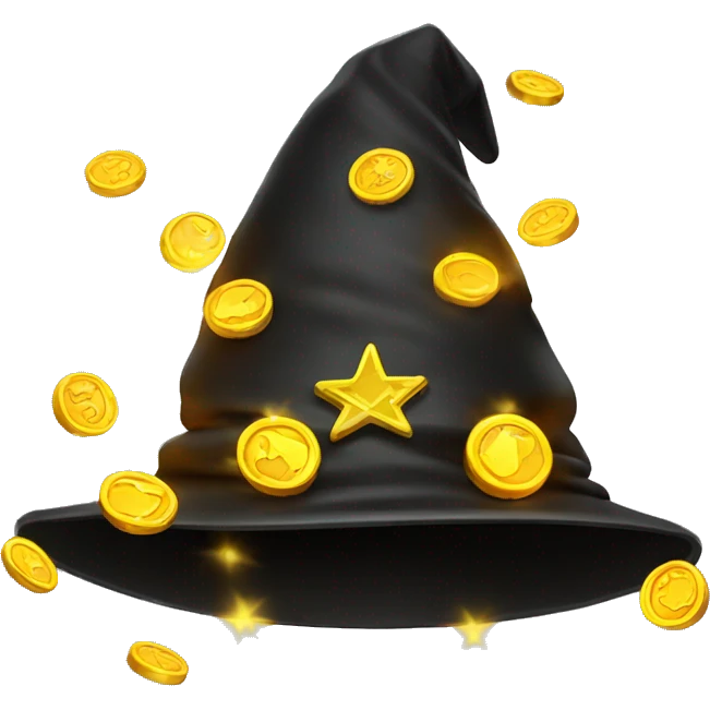 a wizard hat emoji filled with glowing coins emoji