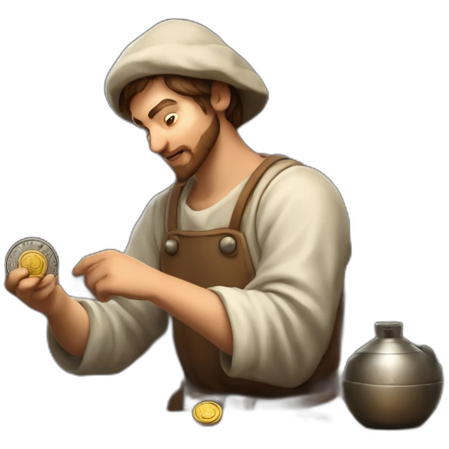 old and experience coin engraver apprentice yielding a coin, medieval age emoji