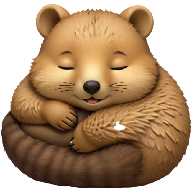 Meme-Worthy Cute Sleeping Quokka Portrait Emoji, Head resting peacefully with a contented smile, showcasing a delightfully compact build and a luxuriously soft brown fur, eyes shut in a serene, restful nap, Simplified yet hilariously adorable features, highly detailed, glowing with a soft, drowsy light, high shine, relaxed and utterly lovable, stylized with an air of playful laziness, bright and heartwarming, soft glowing outline, capturing the essence of a comically sleepy quokka, so meme‐worthy it feels like it could instantly become the next viral sensation of adorable slumber! emoji