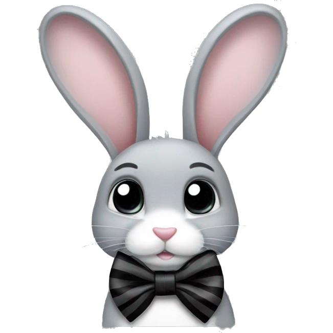 Grey bunny with a black and white stripped bow emoji