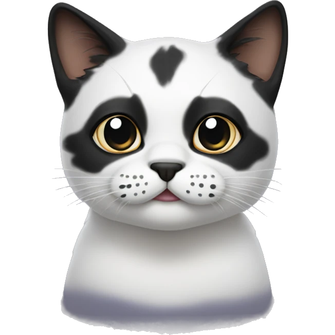 Cat with clear white face, with a black mustache-shaped spot under the nose and a little on nose. Big Dark patches on the forehead and around the ears  emoji