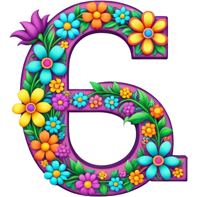 3D, gothic style psychedelic colored Letter “G” with hippie style flower border emoji