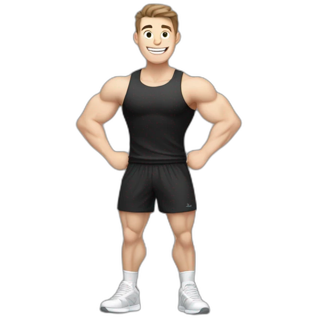 Joyful Celebrating victory Pale skinned Fit Man With the biceps and dark brown hair in black shirt, gray sports shorts and white Sneakers emoji
