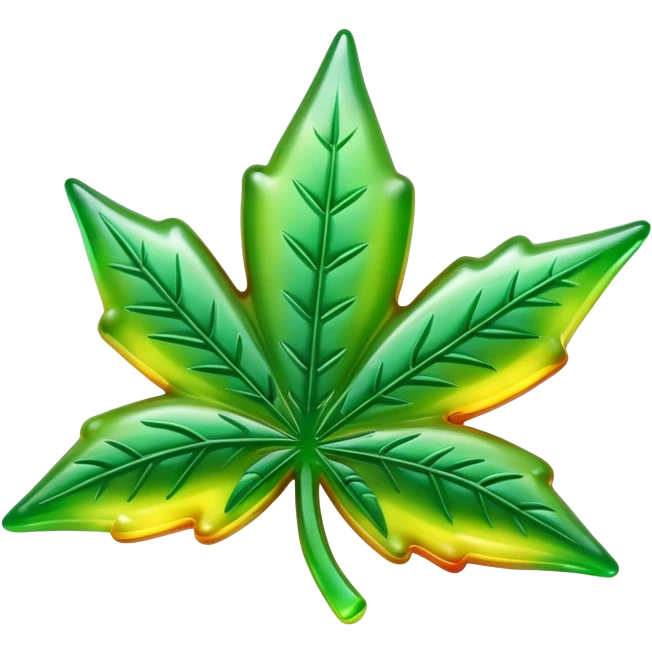 gusher gummy shaped like a marijuana leaf with a visible liquid center bright colors emoji