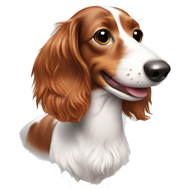 Long haired white and red piebald dachshund smiling with freckles whole body emoji