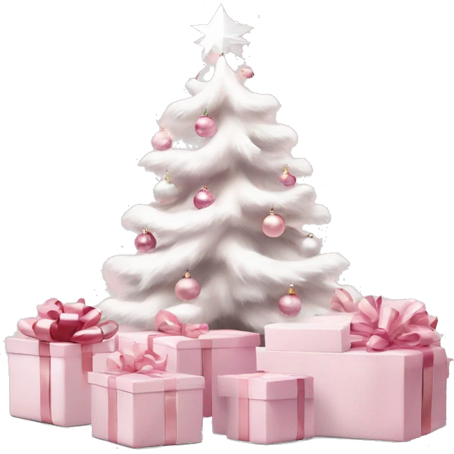 Light pink Christmas gifts under a white Christmas tree  emoji