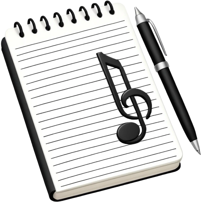 Minimalistic flat vector icon, iOS style, thin black contour on white background. Small notebook with a musical note on the cover, a pen placed next to it. Clean, modern, no text, no shadows. emoji