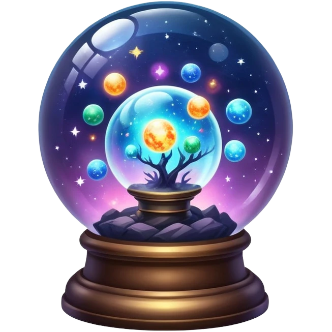 Tiny mystical mysterious sparkly magical glowing spherical nebula planets inside a glass globe dome emoji