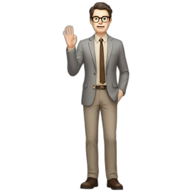 Full height Actively Gesturing Pale skinned fit man with dark brown hair in gray jacket, beige office shirt, brown tie, brown pants and vintage glasses. emoji