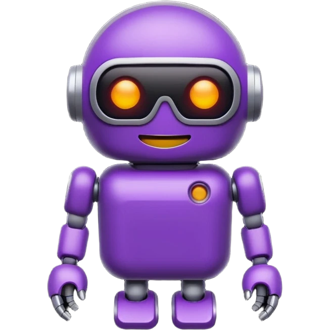 Cute deep purple robot emoji, pill-shaped body, dark visor with glowing white simple eyes and smile. Flat 2D vector art, die-cut sticker with white border, minimalist, white background. emoji