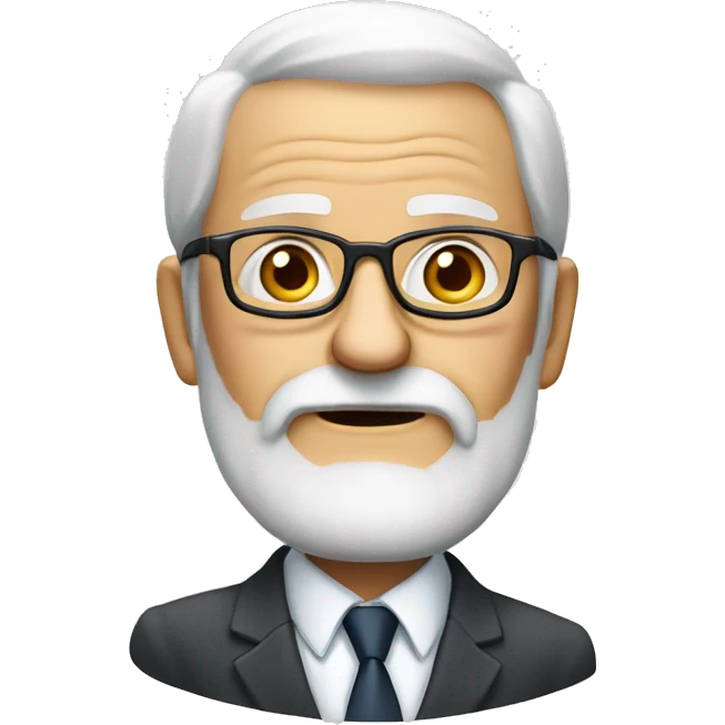 Create an emoji of an elderly, wise man with a white beard and glasses, wearing a business suit and tie, with a thoughtful expression. He should look like an expert in advertising, with a subtle creative touch like a pen or notepad emoji
