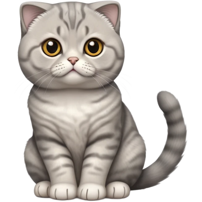 Cinematic-Scottish-Fold-Cat-Realistic-Full-Body-Sitting-Emoji – Tail curled playfully around its paws, head tilted dramatically, thick and plush solid-grey fur, signature folded ears resting gently against its round head, simplified yet realistic focused features, highly detailed, glowing with an almost sarcastic glow, deep amber eyes radiating quiet wisdom and charm. emoji