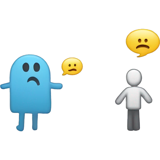 stick figure on the left talking with a speach bubble with sad face and another stick figure on the right talking to them with a speech bubble with a question mark emoji