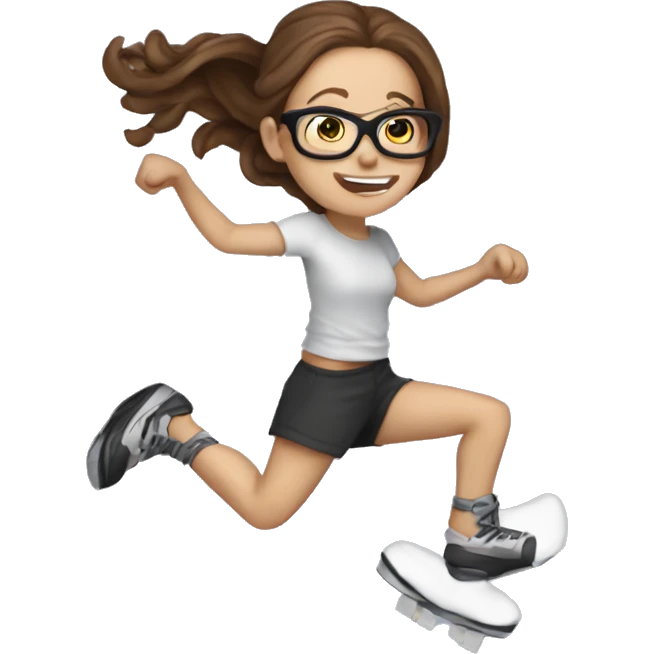 White girl with long brown hair and glasses jumping on kangoo jump shoes  emoji