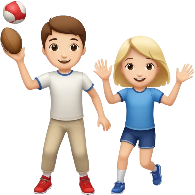 two children playing catch, one throwing and one catching a ball, happy and playful emoji
