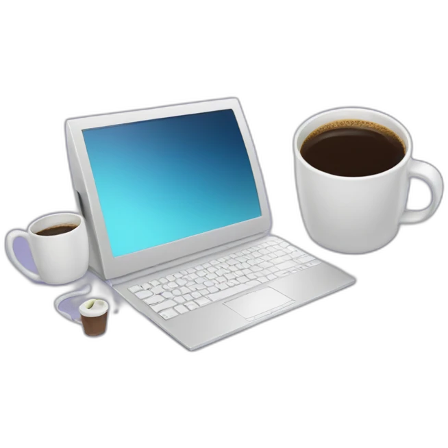 cat ears behind a computer and a coffee mug emoji