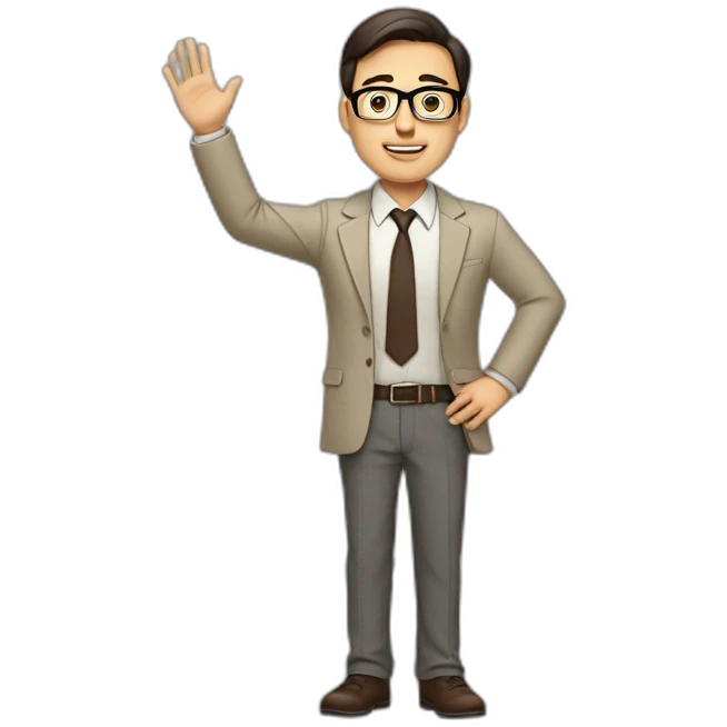 Full height Actively gesturing with hands Pale skinned fit man with dark brown hair in gray jacket, beige office shirt, brown tie, brown pants and vintage glasses. emoji