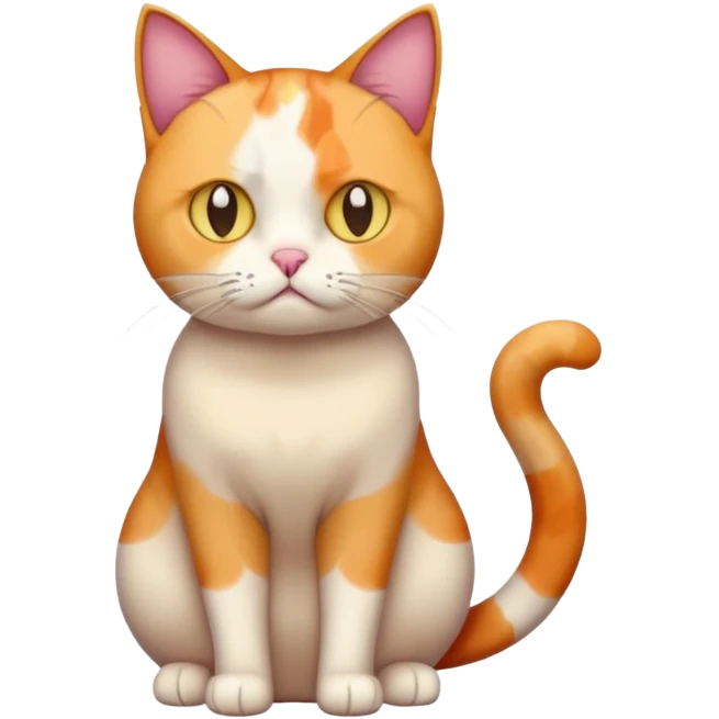 full body colourful calico cat with skinny head and fat body with an anxious face emoji